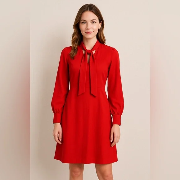 Warehouse Red Long Sleeve Tie Neck Dress Women’s UK 12 (US 8) - Picture 1 of 6